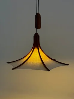Discount Pamono Mid-Century Teak Pendant Lamp with Linen Shade from Domus, 1970s