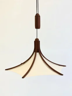 Discount Pamono Mid-Century Teak Pendant Lamp with Linen Shade from Domus, 1970s