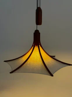 Discount Pamono Mid-Century Teak Pendant Lamp with Linen Shade from Domus, 1970s