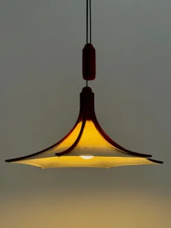 Discount Pamono Mid-Century Teak Pendant Lamp with Linen Shade from Domus, 1970s