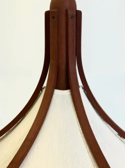 Discount Pamono Mid-Century Teak Pendant Lamp with Linen Shade from Domus, 1970s
