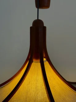 Discount Pamono Mid-Century Teak Pendant Lamp with Linen Shade from Domus, 1970s