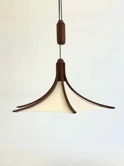 Discount Pamono Mid-Century Teak Pendant Lamp with Linen Shade from Domus, 1970s
