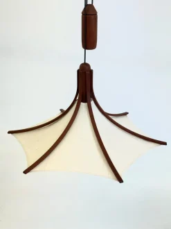 Discount Pamono Mid-Century Teak Pendant Lamp with Linen Shade from Domus, 1970s