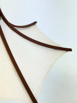 Discount Pamono Mid-Century Teak Pendant Lamp with Linen Shade from Domus, 1970s