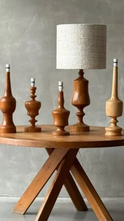 Clearance Pamono Mid-Century Turned Wooden Lamps, Set of 2