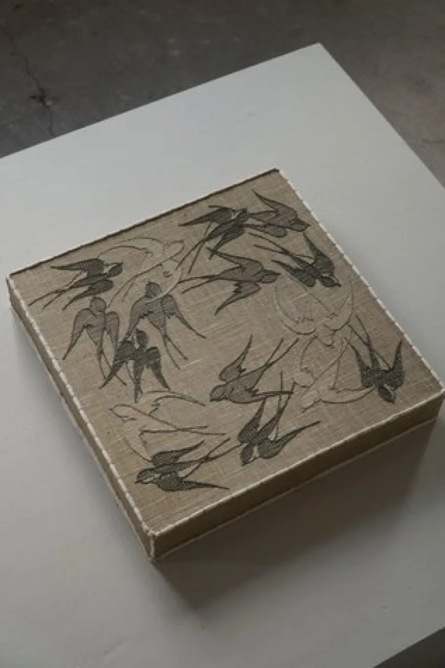 Best Pamono Mid-20th Century Ceiling Lamp with Embroidered Fabric Shade with Swallow Motif, 1950s