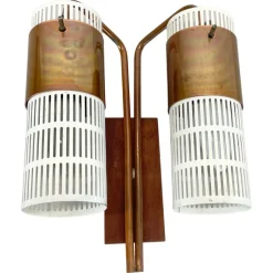 Discount Pamono Minimalist Copper and Teak Tube Hole Pattern Wall Light, Denmark, 1970s