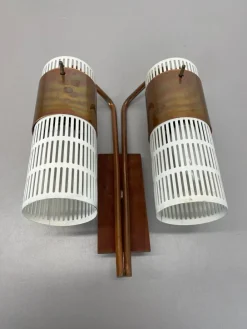 Discount Pamono Minimalist Copper and Teak Tube Hole Pattern Wall Light, Denmark, 1970s