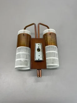 Discount Pamono Minimalist Copper and Teak Tube Hole Pattern Wall Light, Denmark, 1970s