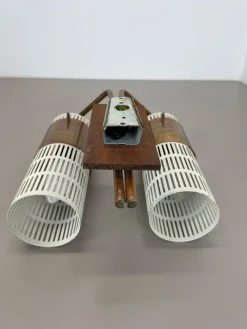 Discount Pamono Minimalist Copper and Teak Tube Hole Pattern Wall Light, Denmark, 1970s