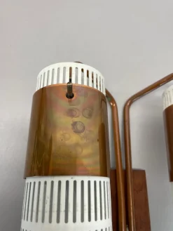 Discount Pamono Minimalist Copper and Teak Tube Hole Pattern Wall Light, Denmark, 1970s