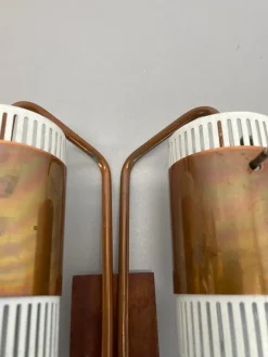 Discount Pamono Minimalist Copper and Teak Tube Hole Pattern Wall Light, Denmark, 1970s