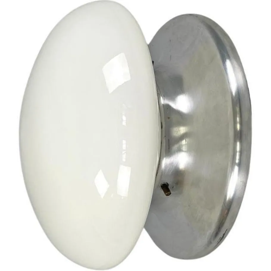 Best Pamono Modern Italian Round Base Wall Light in Opaline Glass and Metal attributed to Valenti Luce, 1970s