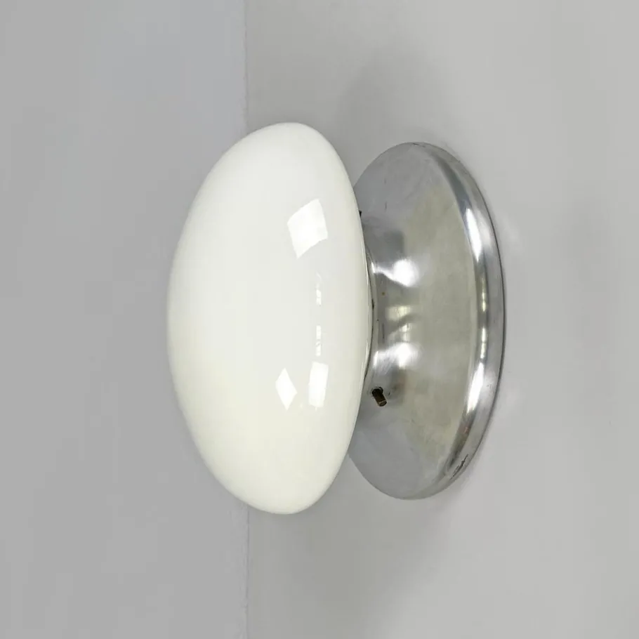 Best Pamono Modern Italian Round Base Wall Light in Opaline Glass and Metal attributed to Valenti Luce, 1970s