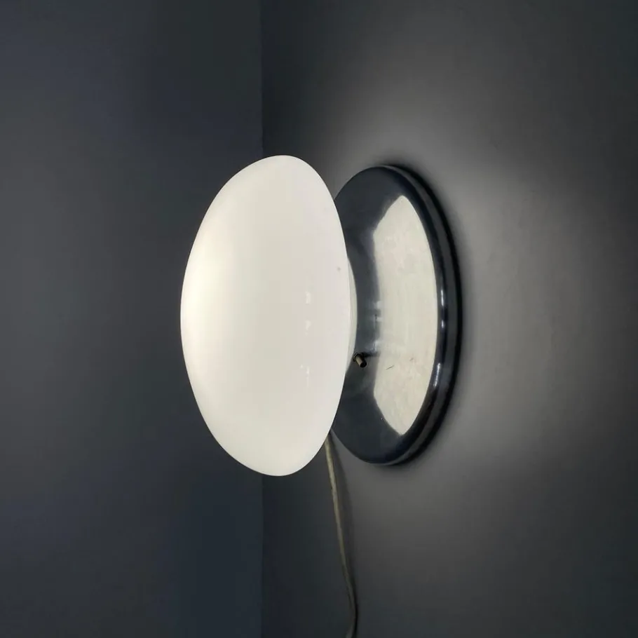 Best Pamono Modern Italian Round Base Wall Light in Opaline Glass and Metal attributed to Valenti Luce, 1970s