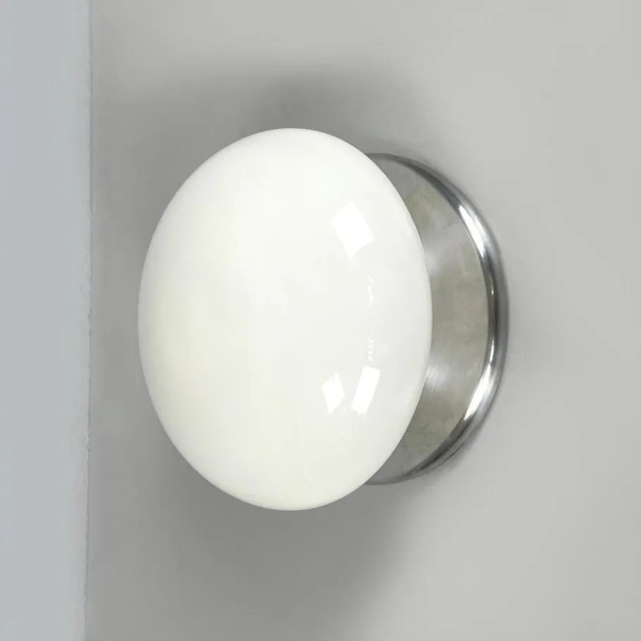 Best Pamono Modern Italian Round Base Wall Light in Opaline Glass and Metal attributed to Valenti Luce, 1970s