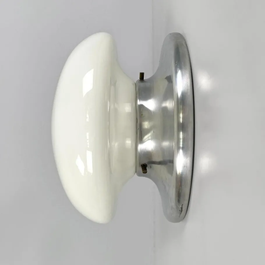 Best Pamono Modern Italian Round Base Wall Light in Opaline Glass and Metal attributed to Valenti Luce, 1970s