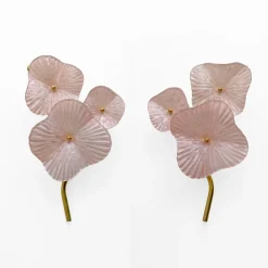 New Pamono Modern Murano Artistic Glass Pearly Pink and Brass Sconces, 1990, Set of 2