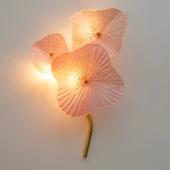 New Pamono Modern Murano Artistic Glass Pearly Pink and Brass Sconces, 1990, Set of 2