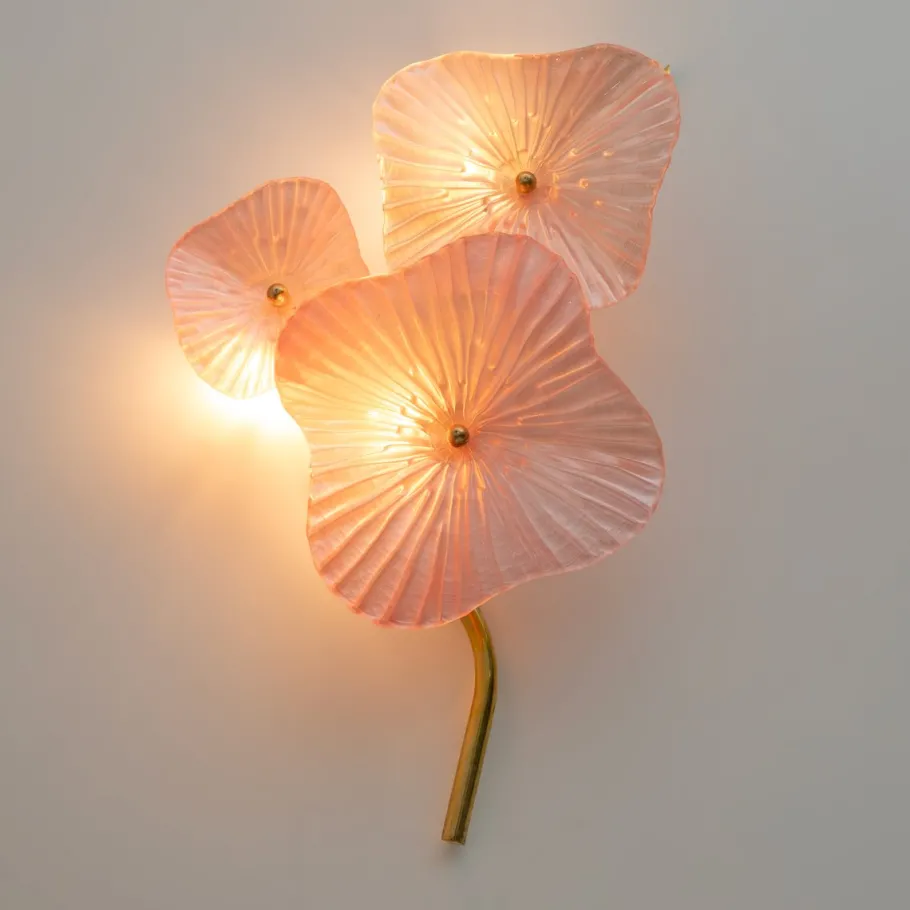 New Pamono Modern Murano Artistic Glass Pearly Pink and Brass Sconces, 1990, Set of 2