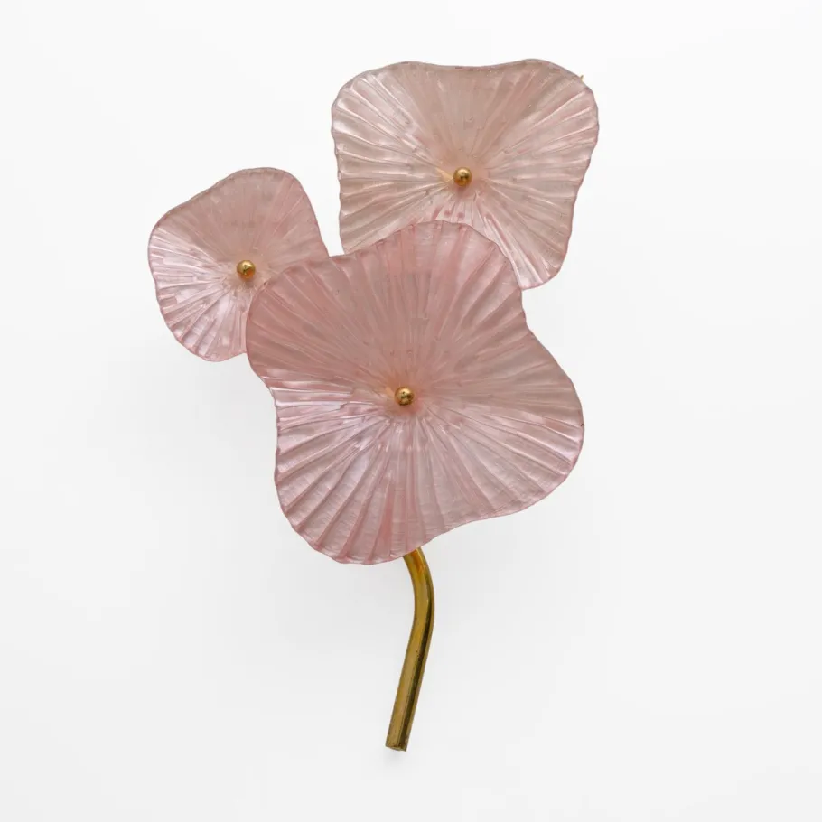 New Pamono Modern Murano Artistic Glass Pearly Pink and Brass Sconces, 1990, Set of 2