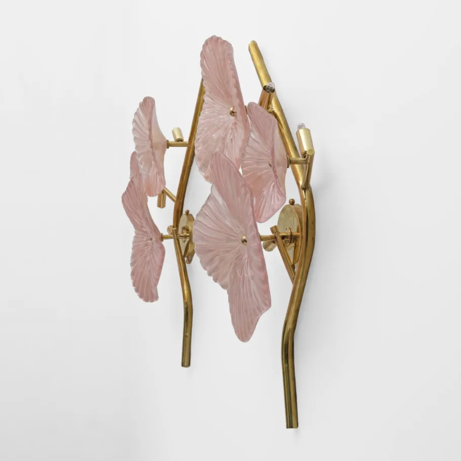 New Pamono Modern Murano Artistic Glass Pearly Pink and Brass Sconces, 1990, Set of 2