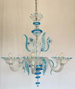 Clearance Pamono Murano Chandelier in Blown Glass Turquoise Crystal, 1985