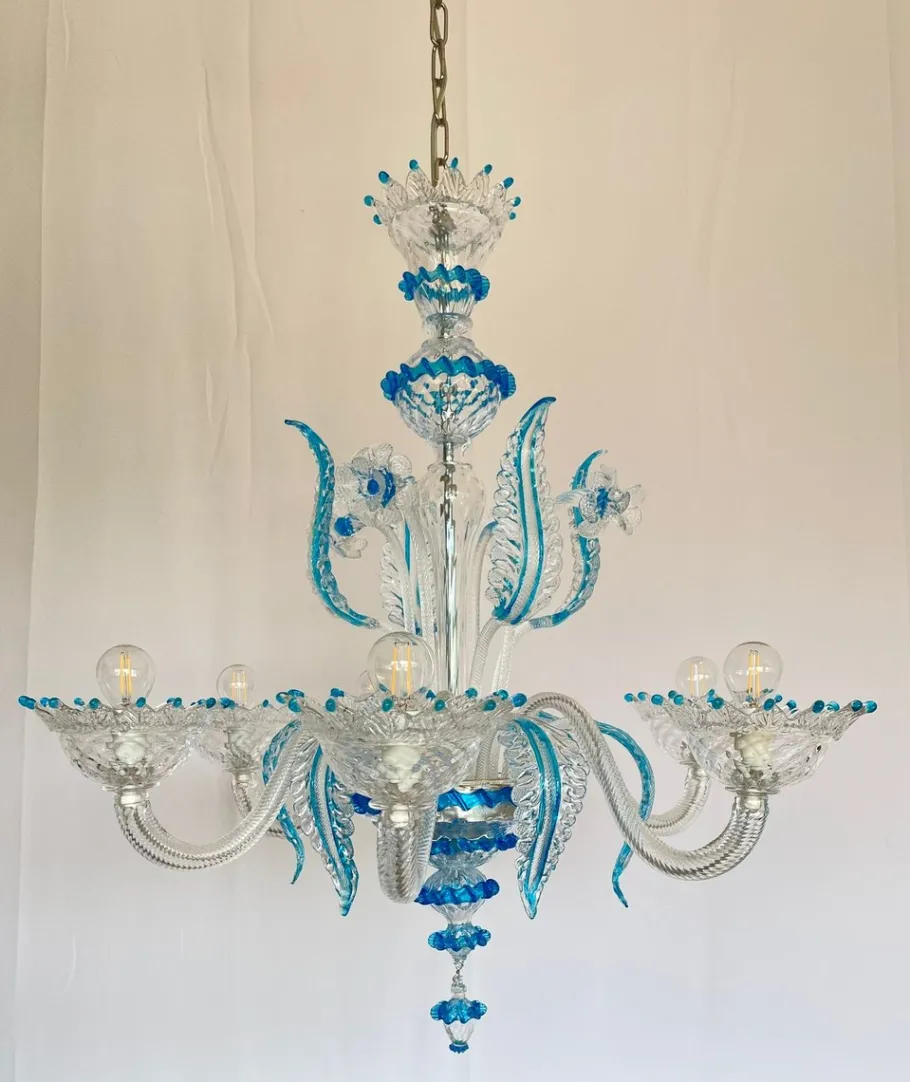 Clearance Pamono Murano Chandelier in Blown Glass Turquoise Crystal, 1985