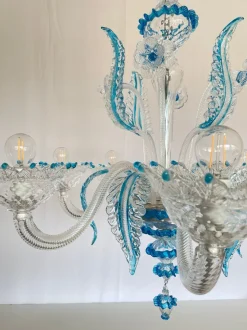 Clearance Pamono Murano Chandelier in Blown Glass Turquoise Crystal, 1985