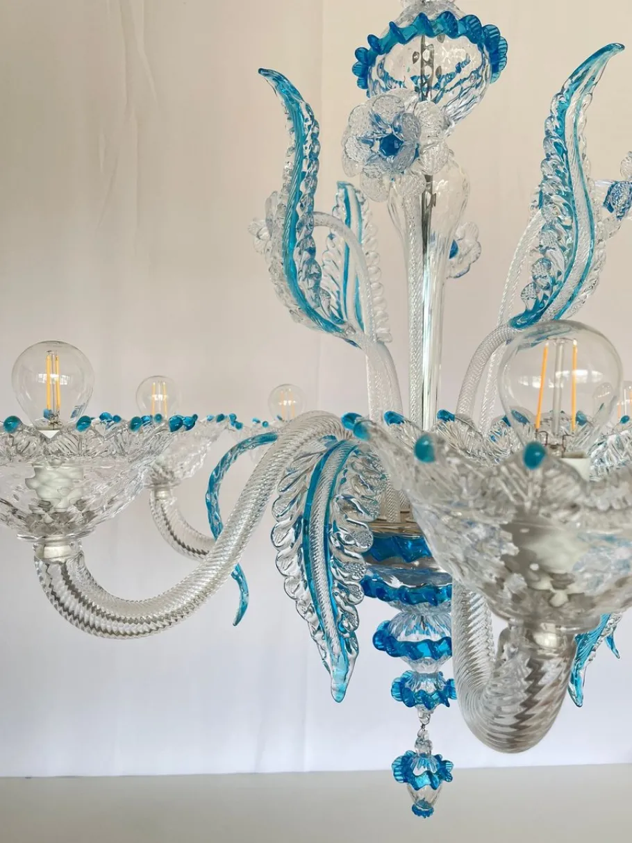 Clearance Pamono Murano Chandelier in Blown Glass Turquoise Crystal, 1985