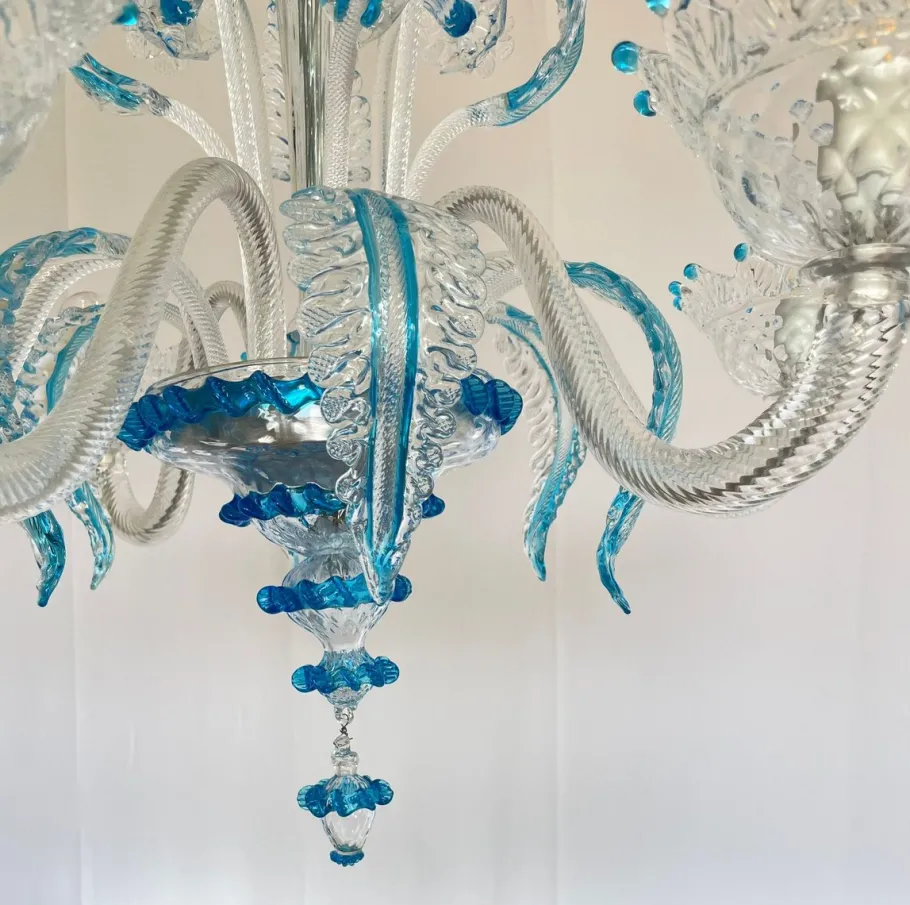 Clearance Pamono Murano Chandelier in Blown Glass Turquoise Crystal, 1985