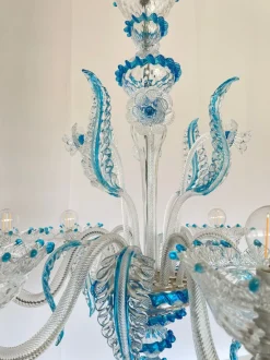 Clearance Pamono Murano Chandelier in Blown Glass Turquoise Crystal, 1985