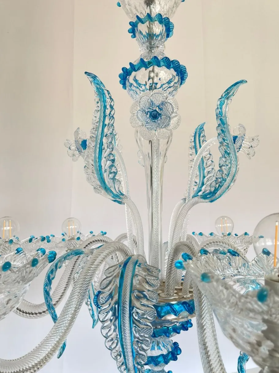 Clearance Pamono Murano Chandelier in Blown Glass Turquoise Crystal, 1985