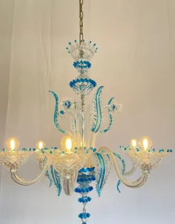 Clearance Pamono Murano Chandelier in Blown Glass Turquoise Crystal, 1985