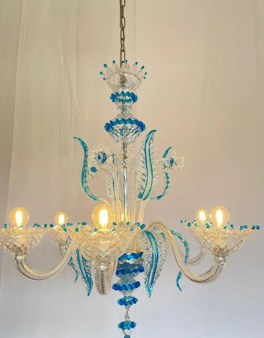 Clearance Pamono Murano Chandelier in Blown Glass Turquoise Crystal, 1985
