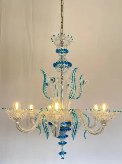 Clearance Pamono Murano Chandelier in Blown Glass Turquoise Crystal, 1985