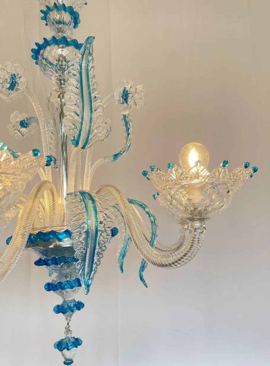 Clearance Pamono Murano Chandelier in Blown Glass Turquoise Crystal, 1985