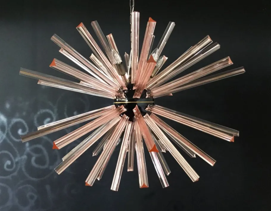 Clearance Pamono Murano Crystal Prism Sputnik Chandelier with 50 Pink Prisms, Italy