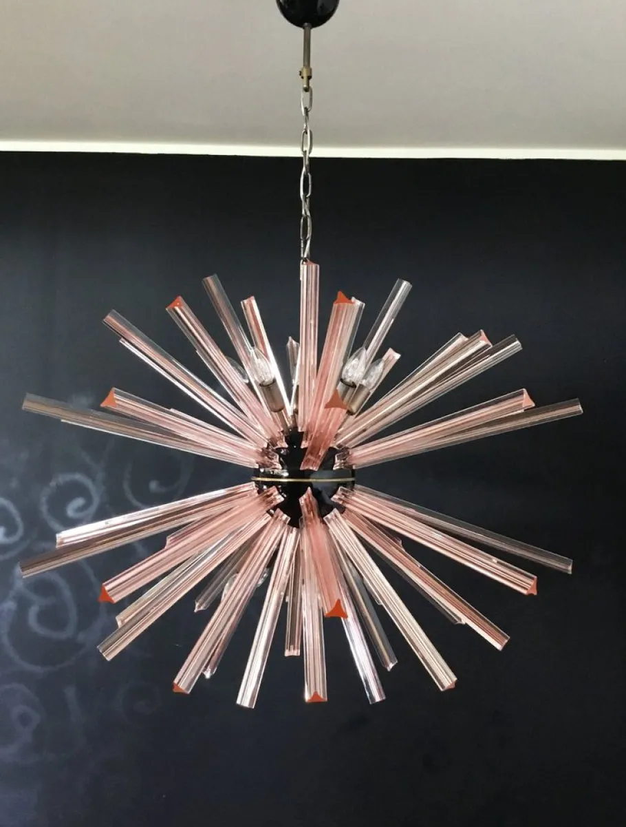 Clearance Pamono Murano Crystal Prism Sputnik Chandelier with 50 Pink Prisms, Italy