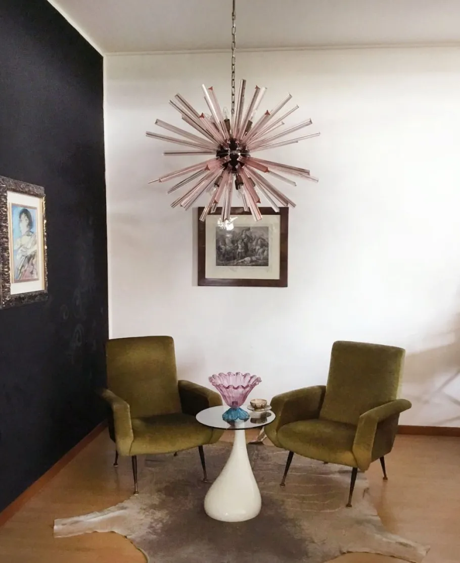 Clearance Pamono Murano Crystal Prism Sputnik Chandelier with 50 Pink Prisms, Italy