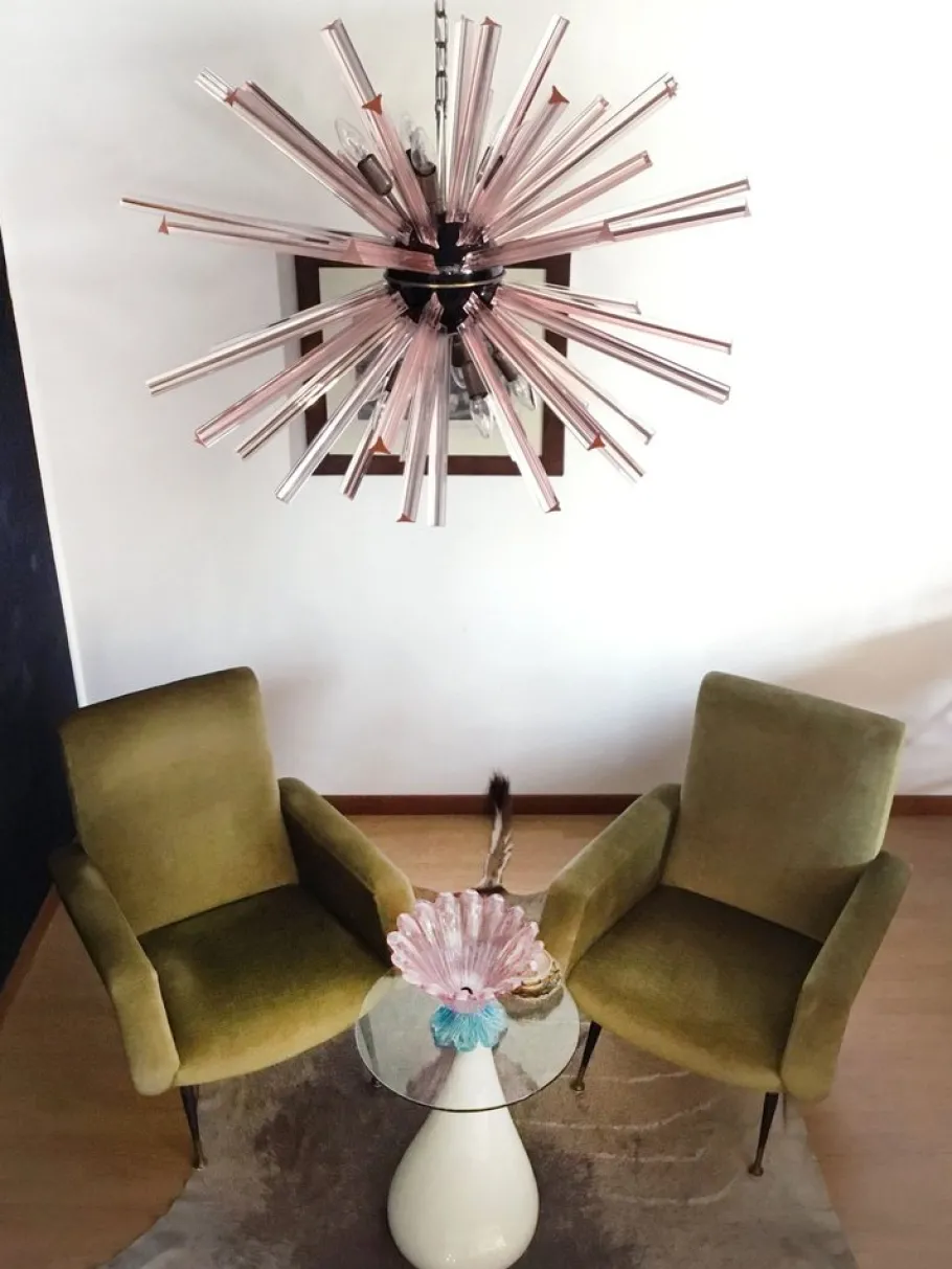 Clearance Pamono Murano Crystal Prism Sputnik Chandelier with 50 Pink Prisms, Italy
