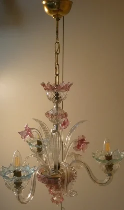 New Pamono Murano Glass and Brass Chandelier, 1950s