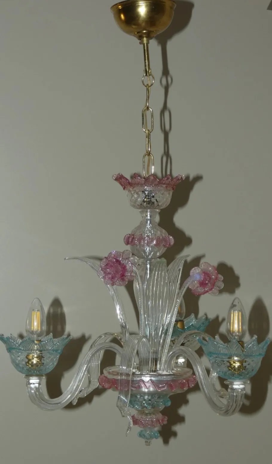 Clearance Pamono Murano Glass and Brass Chandelier, 1950s