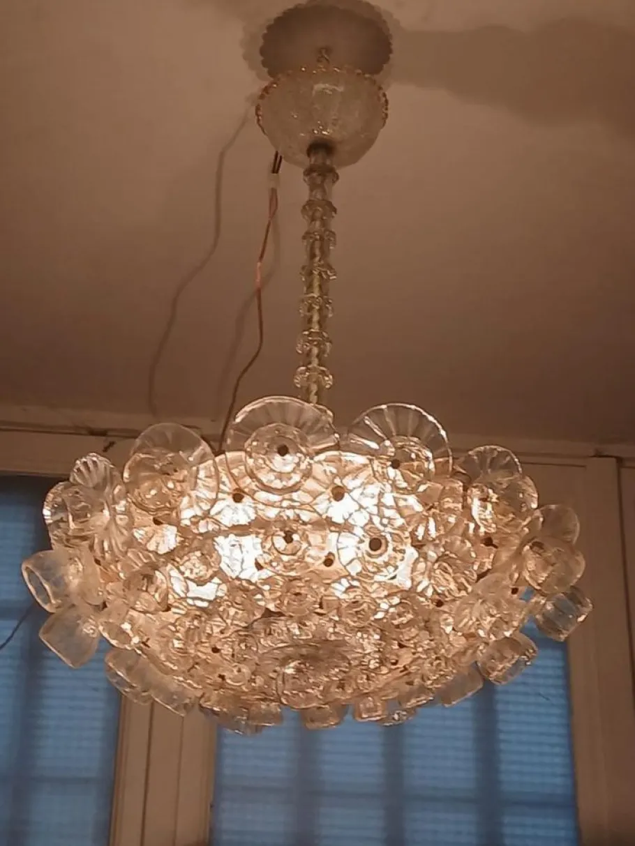 New Pamono Murano Glass Chandelier attributed to Ercole Barovier, 1930s