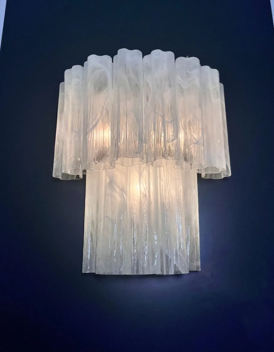 Clearance Pamono Murano Glass Tube Wall Sconces with 13 White Alabaster Glass Tubes, 1990s, Set of 2