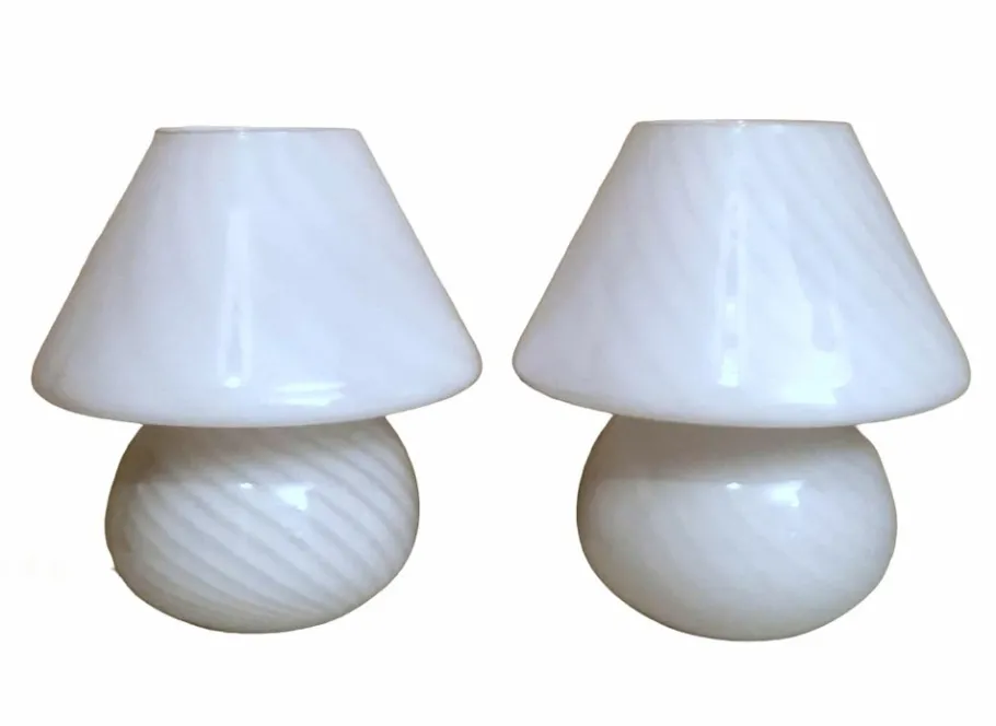Discount Pamono Murano Mushroom-Shaped Opal Glass Spiral Lamps from Venini, 1970s, Set of 2