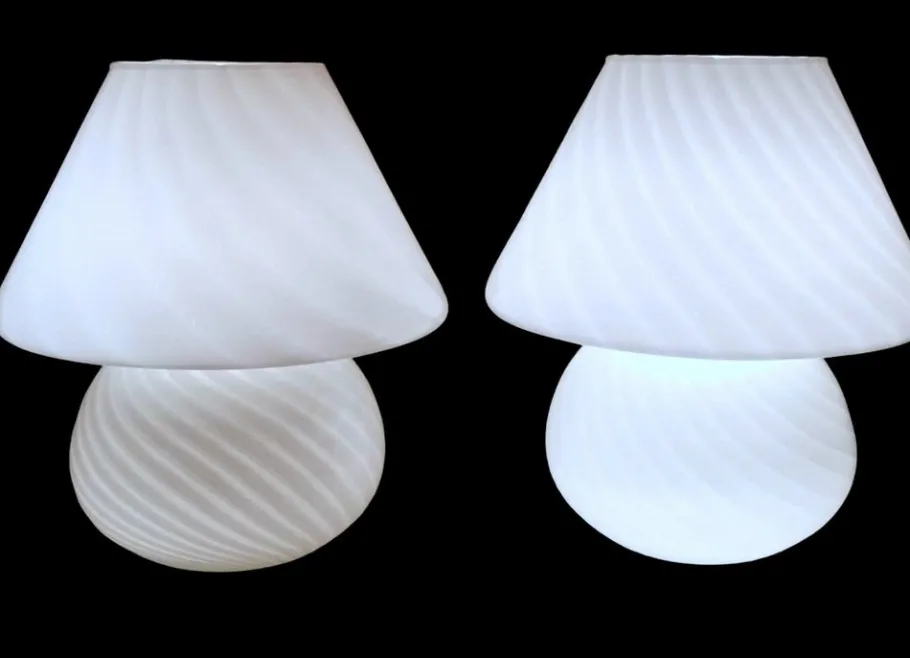 Discount Pamono Murano Mushroom-Shaped Opal Glass Spiral Lamps from Venini, 1970s, Set of 2