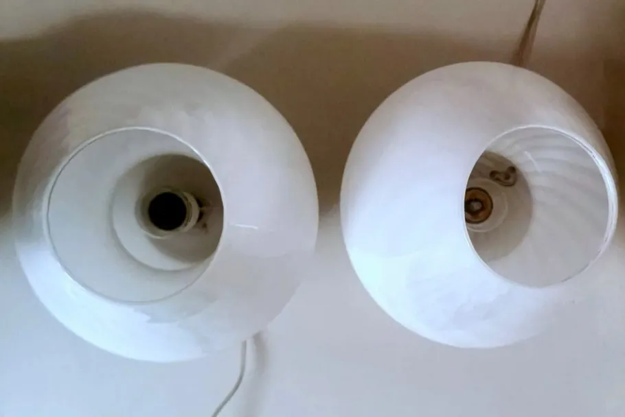 Discount Pamono Murano Mushroom-Shaped Opal Glass Spiral Lamps from Venini, 1970s, Set of 2