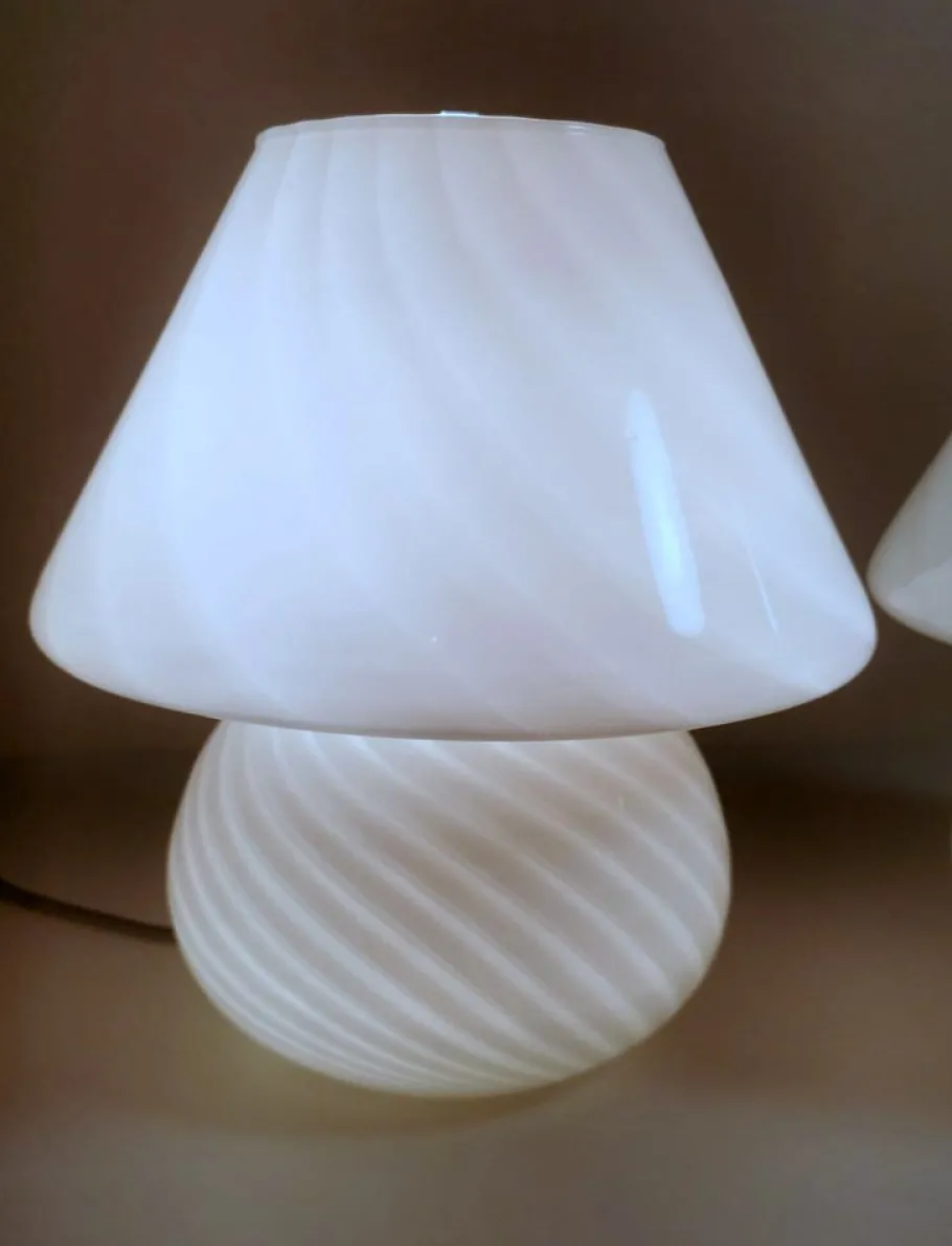 Discount Pamono Murano Mushroom-Shaped Opal Glass Spiral Lamps from Venini, 1970s, Set of 2